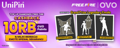 Top Up Diamonds Free Fire Pakai OVO Cashback 10rb OVO Points & Dapatkan Grand Prize: Legendary Emote!
